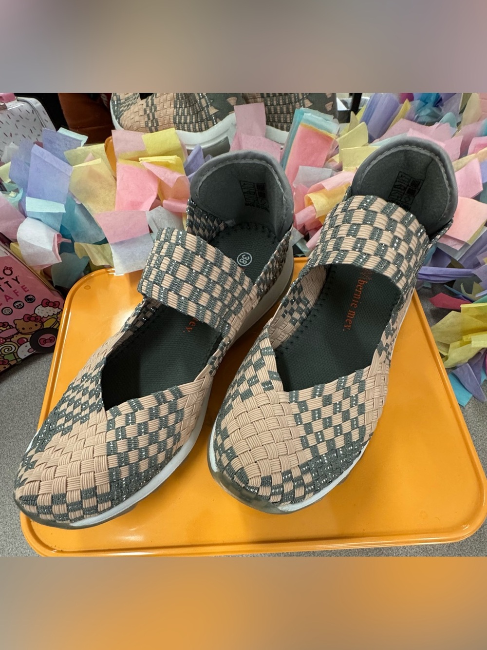 bernie mev. Gummy Charm Woven Mary Jane Flats in Blush and Gray